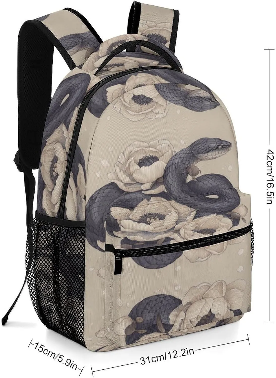 Small Backpacks Personalized Black Snake And Flower Printing Travel Bag Lightweight Travel Backpack For Women Men