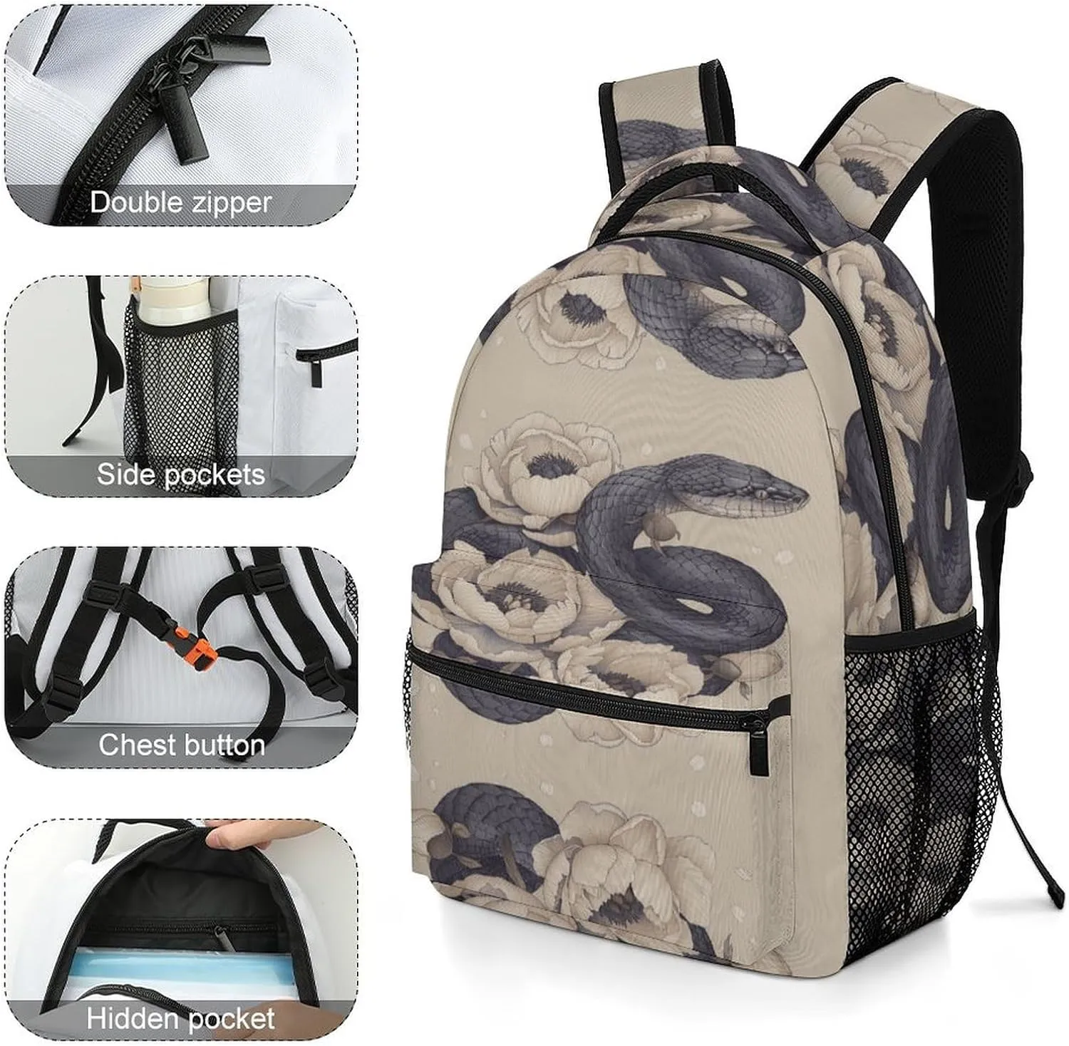 Small Backpacks Personalized Black Snake And Flower Printing Travel Bag Lightweight Travel Backpack For Women Men