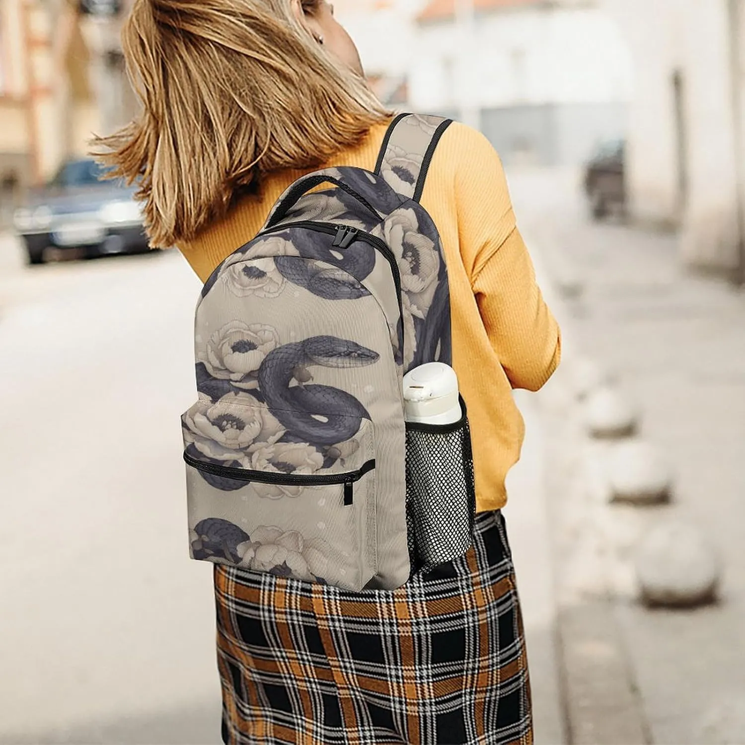 Small Backpacks Personalized Black Snake And Flower Printing Travel Bag Lightweight Travel Backpack For Women Men
