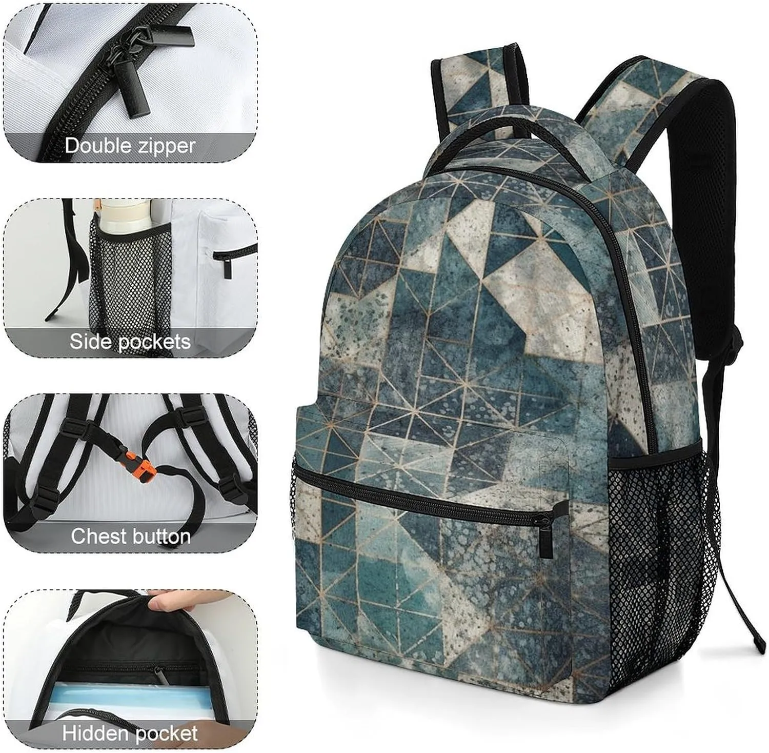 Small Backpacks Personalized Blue And Gray Geometry Printing Travel Bag Lightweight Travel Backpack For Women Men