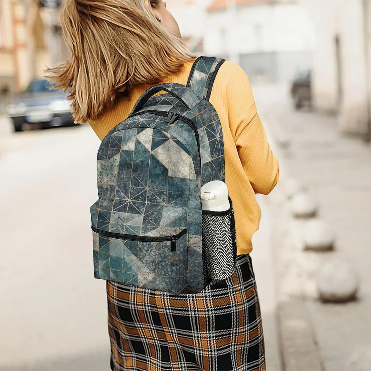 Small Backpacks Personalized Blue And Gray Geometry Printing Travel Bag Lightweight Travel Backpack For Women Men