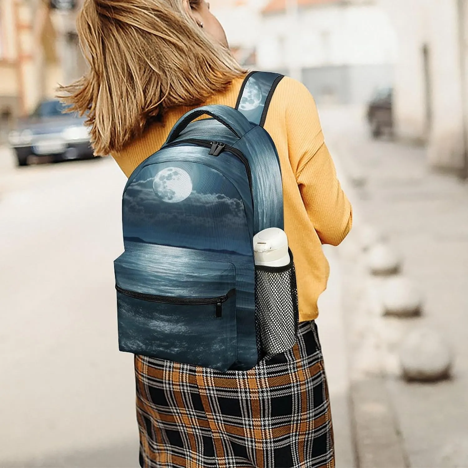 Small Backpacks Personalized Moon And Sea Printing Travel Bag Lightweight Travel Backpack For Women Men