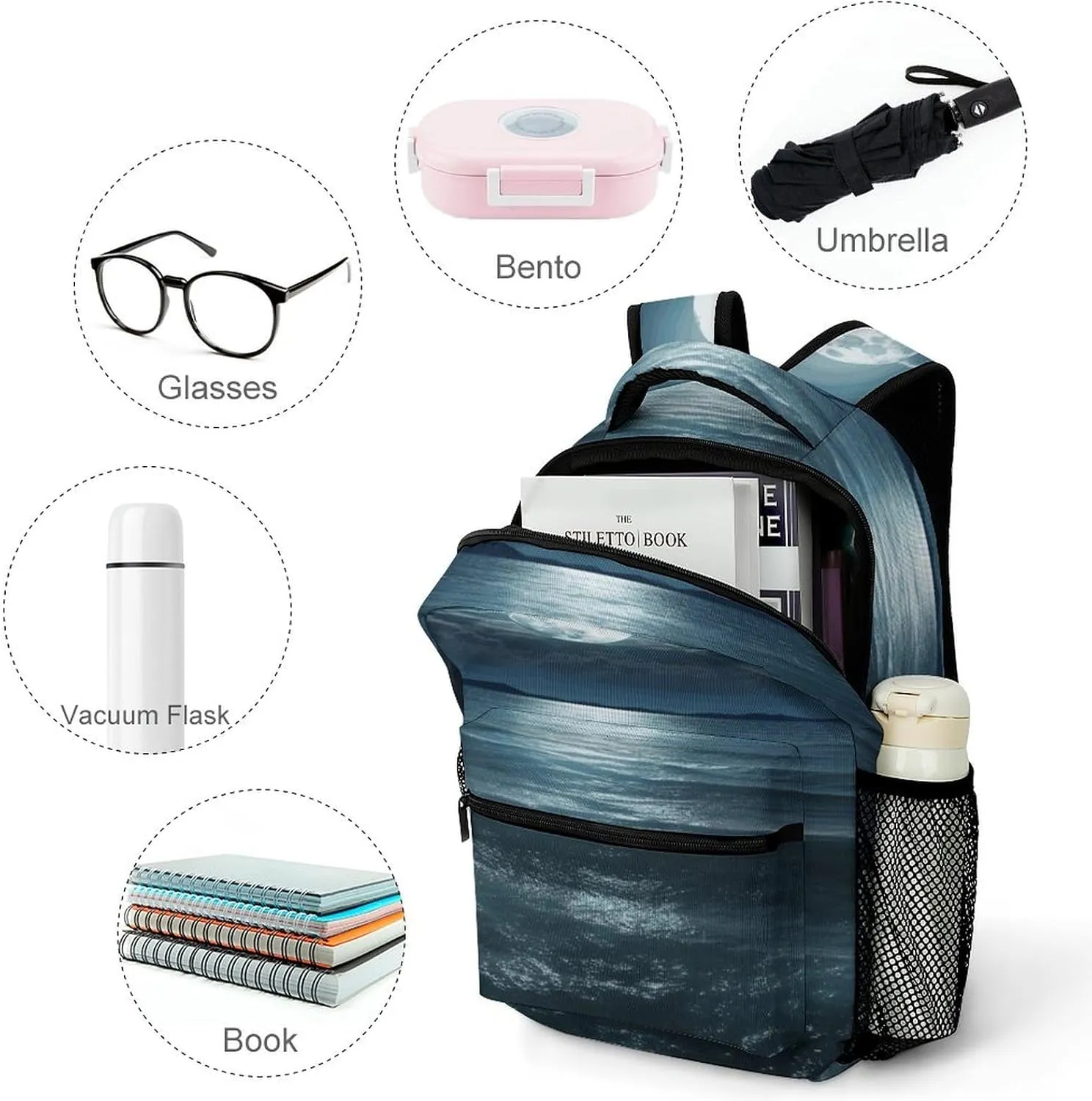 Small Backpacks Personalized Moon And Sea Printing Travel Bag Lightweight Travel Backpack For Women Men