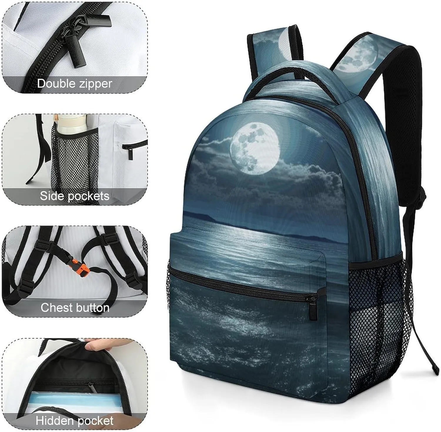 Small Backpacks Personalized Moon And Sea Printing Travel Bag Lightweight Travel Backpack For Women Men