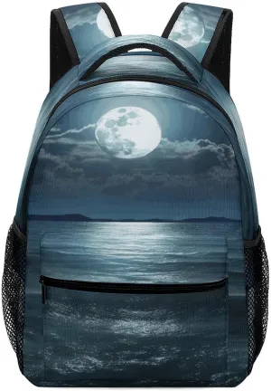 Small Backpacks Personalized Moon And Sea Printing Travel Bag Lightweight Travel Backpack For Women Men