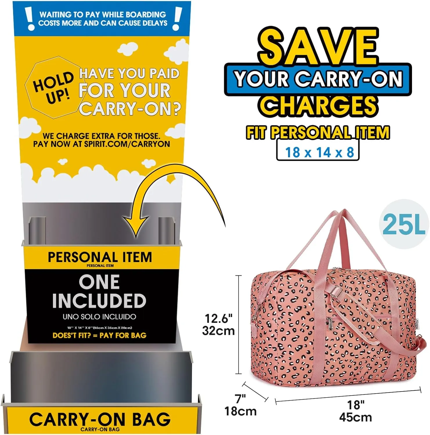 Small Carry On Bag For Spirit Airlines Personal Item Bag 18x14x8 Foldable Travel Duffel Bag Underseat Carry on Luggage for Women and Men 25L (Orange Leopard)