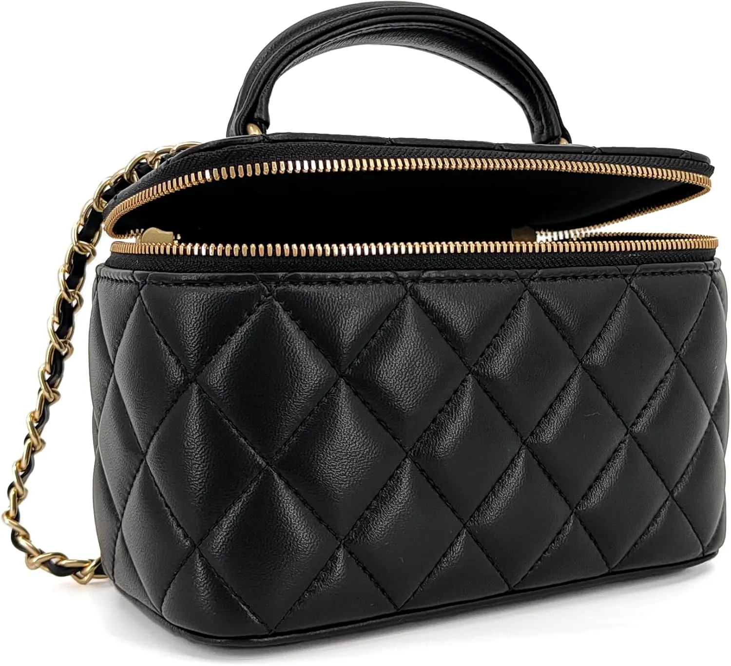 Small Genuine Leather Purse Quilted Crossbody Bag for Women, Mini Top-Handle Shoulder Handbag w/Gold Chain Strap