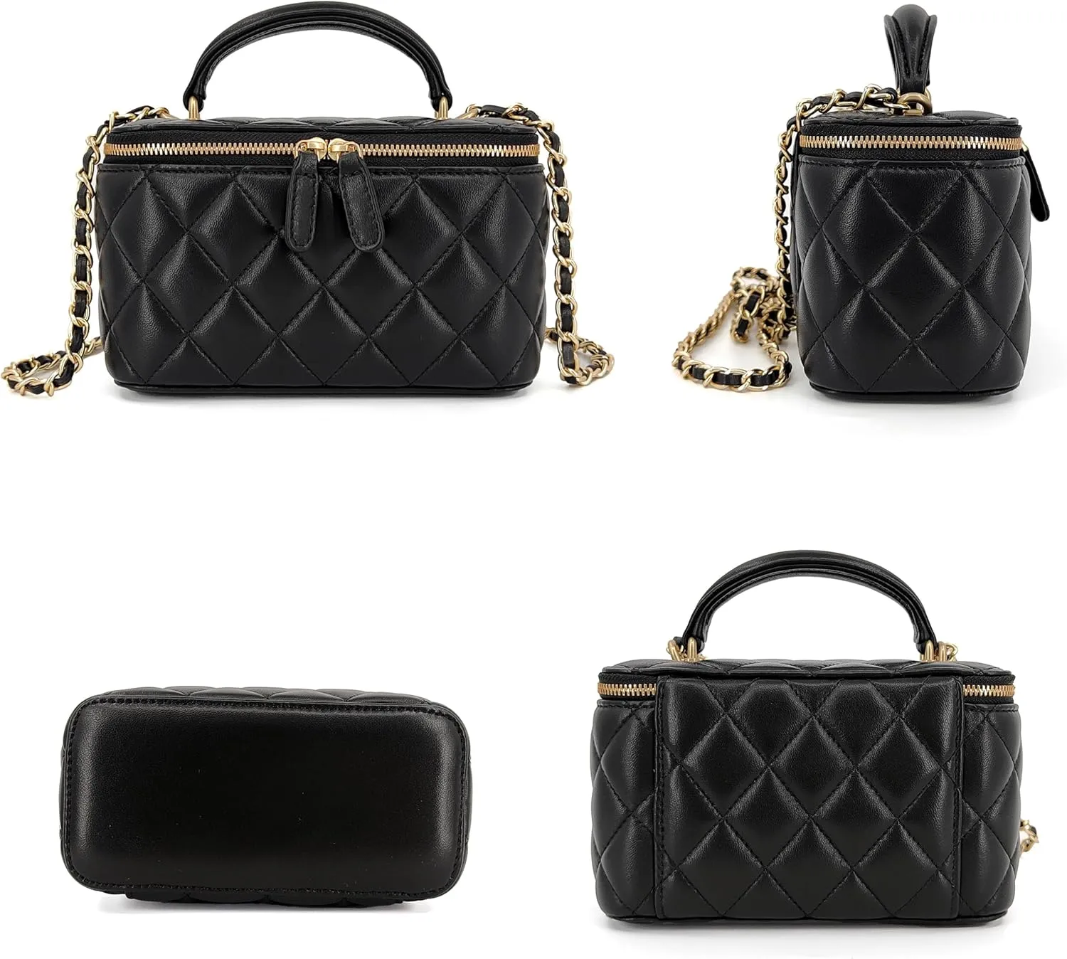 Small Genuine Leather Purse Quilted Crossbody Bag for Women, Mini Top-Handle Shoulder Handbag w/Gold Chain Strap