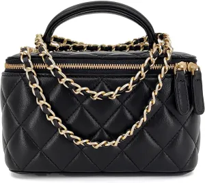 Small Genuine Leather Purse Quilted Crossbody Bag for Women, Mini Top-Handle Shoulder Handbag w/Gold Chain Strap
