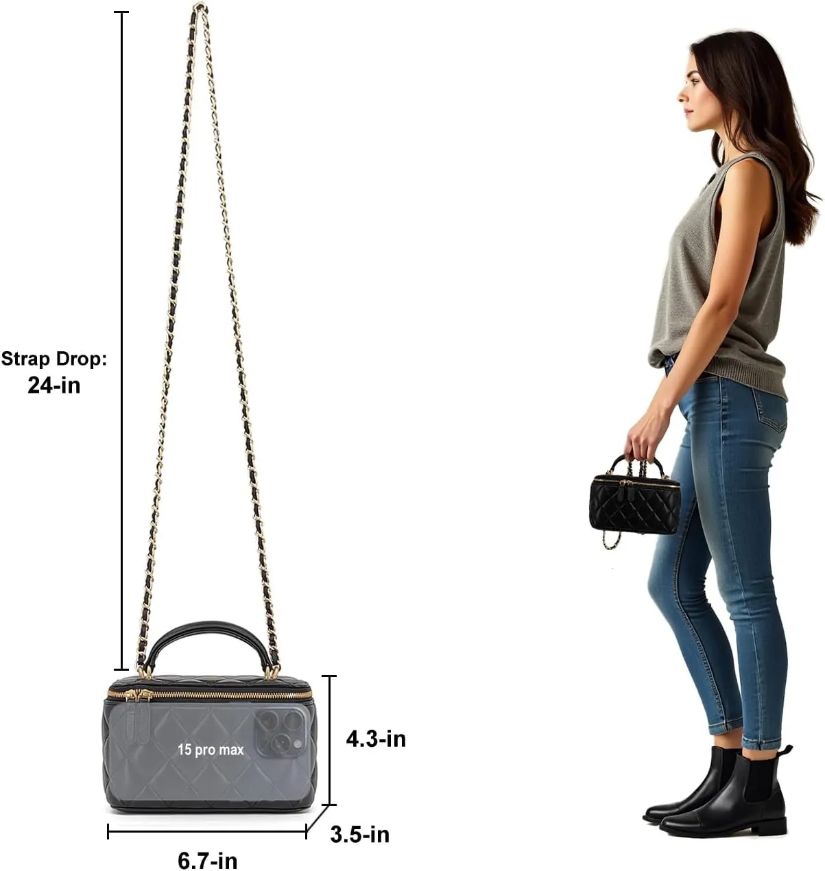 Small Genuine Leather Purse Quilted Crossbody Bag for Women, Mini Top-Handle Shoulder Handbag w/Gold Chain Strap