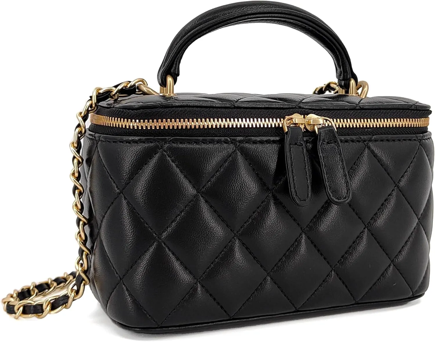 Small Genuine Leather Purse Quilted Crossbody Bag for Women, Mini Top-Handle Shoulder Handbag w/Gold Chain Strap