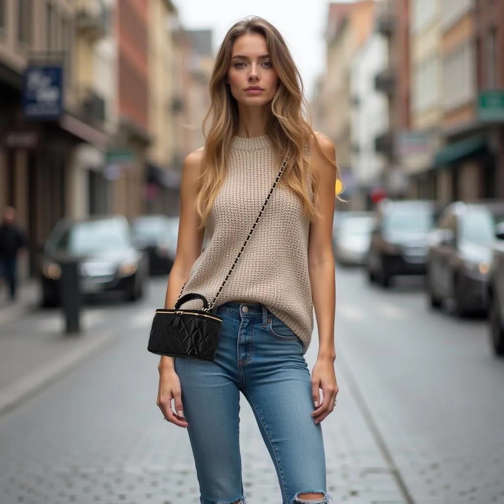 Small Genuine Leather Purse Quilted Crossbody Bag for Women, Mini Top-Handle Shoulder Handbag w/Gold Chain Strap