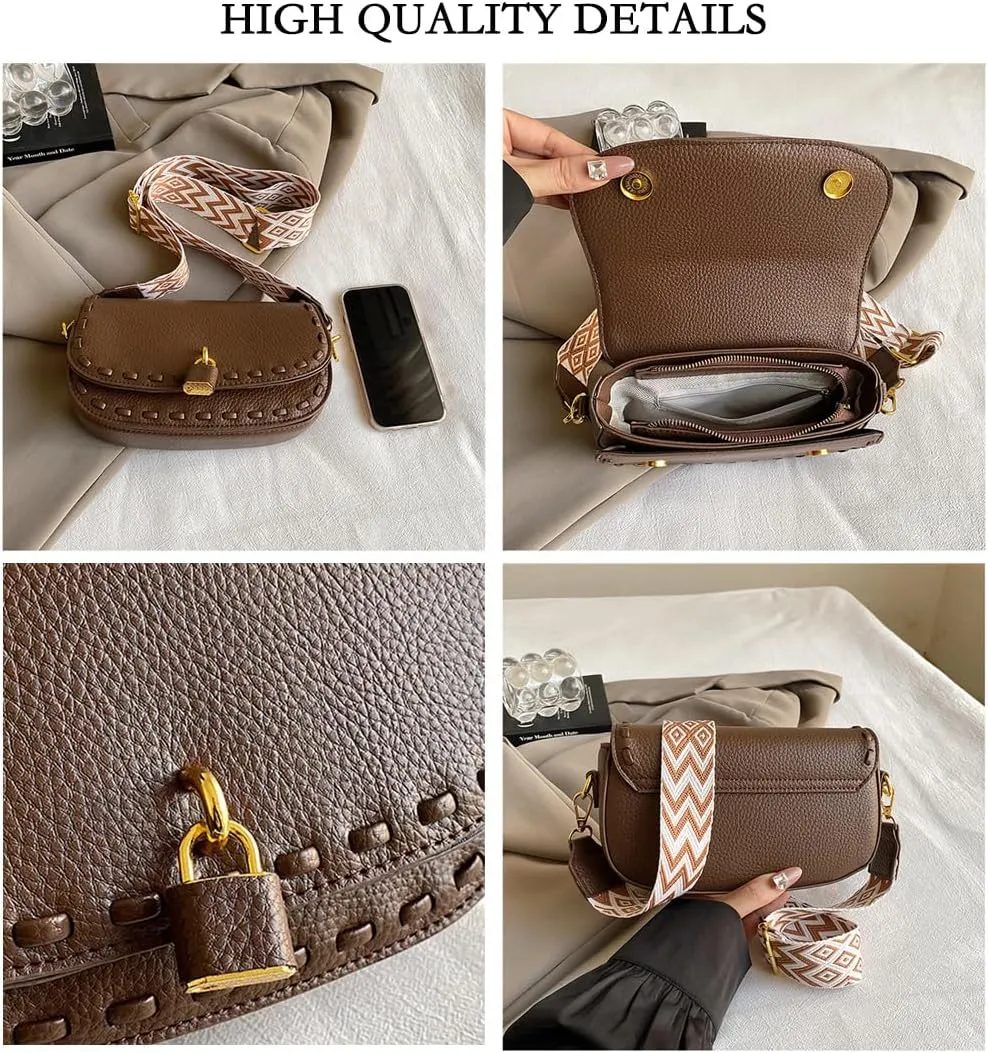 Small Leather Saddle Shoulder Bag with Guitar Strap Trendy Flap Saddle Purses Trendy Vegan Leather Crossbody Bag