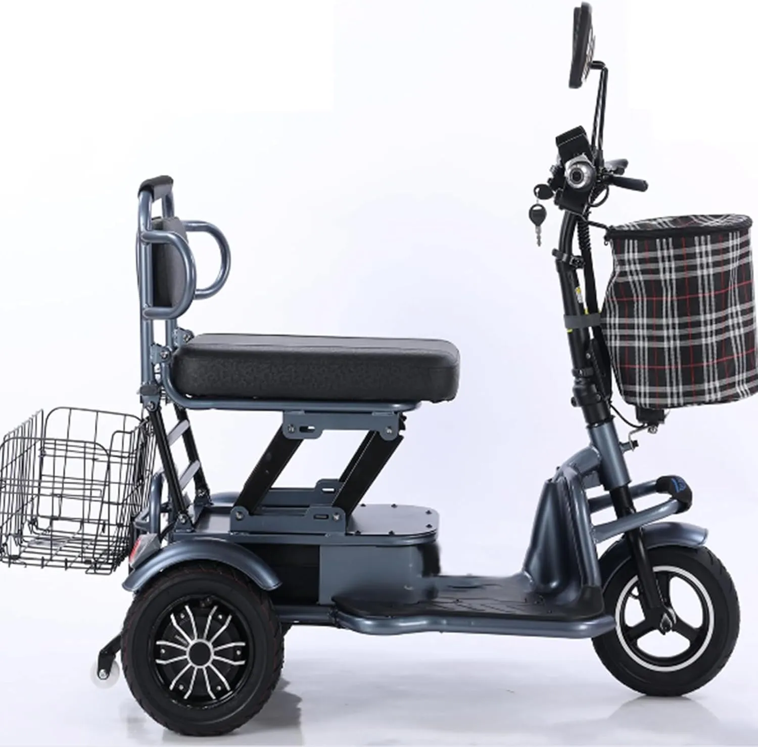 Small Three-Wheeled Folding Scooter, Double Shopping Cart, Battery Car for The Elderly, Three-Wheeled Mini Electric Car,Grey