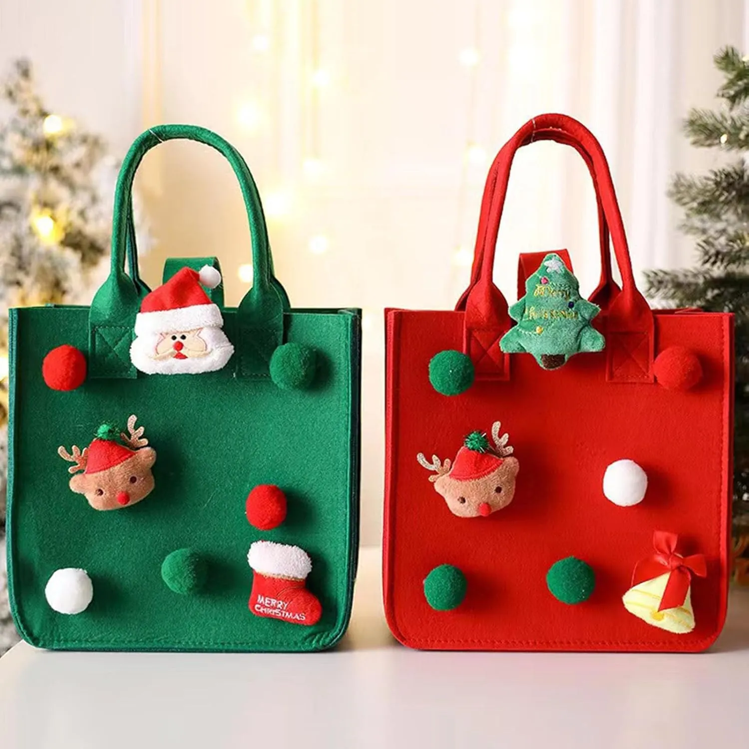 Smooth Delicate Handbag Christmas Cartoon Santa Claus Felt Design Vibrant Color Spacious Sturdy Tote for Xmas Shopping Green Large