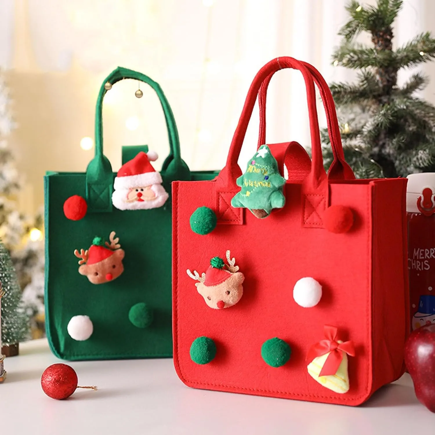 Smooth Delicate Handbag Christmas Cartoon Santa Claus Felt Design Vibrant Color Spacious Sturdy Tote for Xmas Shopping Green Large