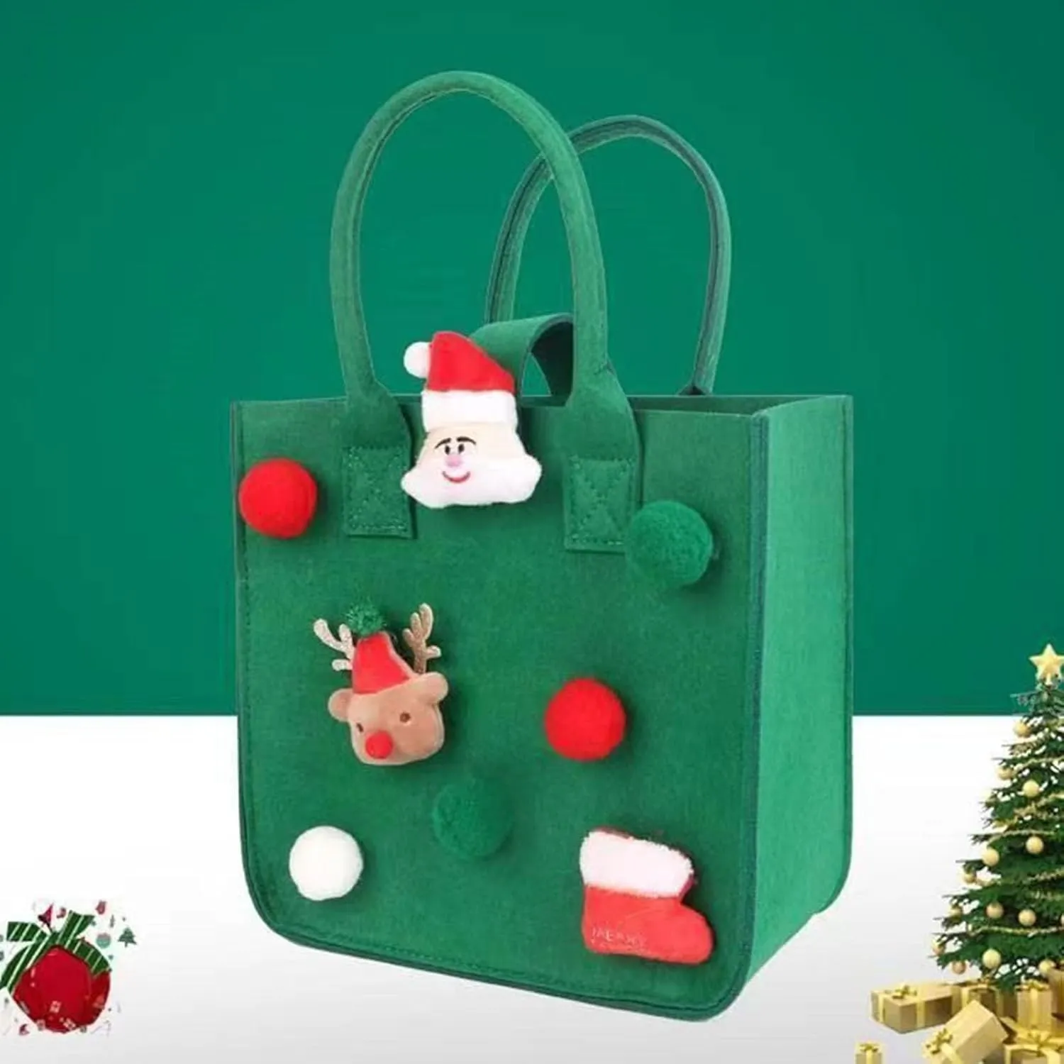 Smooth Delicate Handbag Christmas Cartoon Santa Claus Felt Design Vibrant Color Spacious Sturdy Tote for Xmas Shopping Green Large