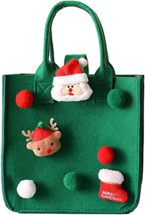 Smooth Delicate Handbag Christmas Cartoon Santa Claus Felt Design Vibrant Color Spacious Sturdy Tote for Xmas Shopping Green Large