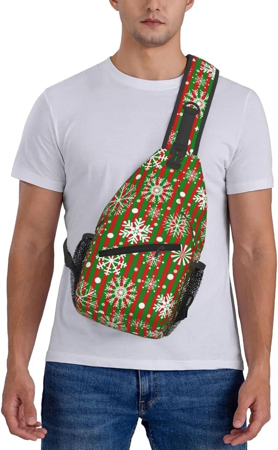 Snowflakes Red Green Stripes Christmas Cross Chest Bag Diagonally Hiking Crossbody Bag Travel Shoulder Daypack Lightweight Sling Backpack Cycling Daypacks Fitness Chest Backpacks