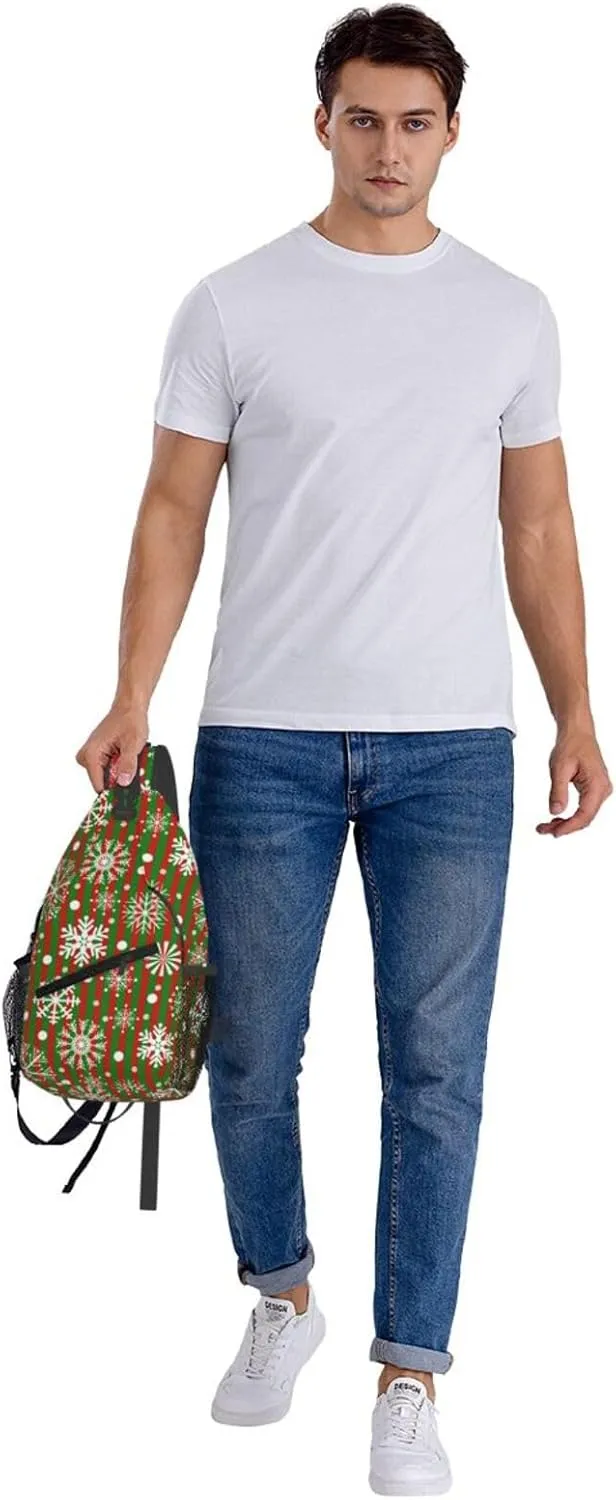 Snowflakes Red Green Stripes Christmas Cross Chest Bag Diagonally Hiking Crossbody Bag Travel Shoulder Daypack Lightweight Sling Backpack Cycling Daypacks Fitness Chest Backpacks