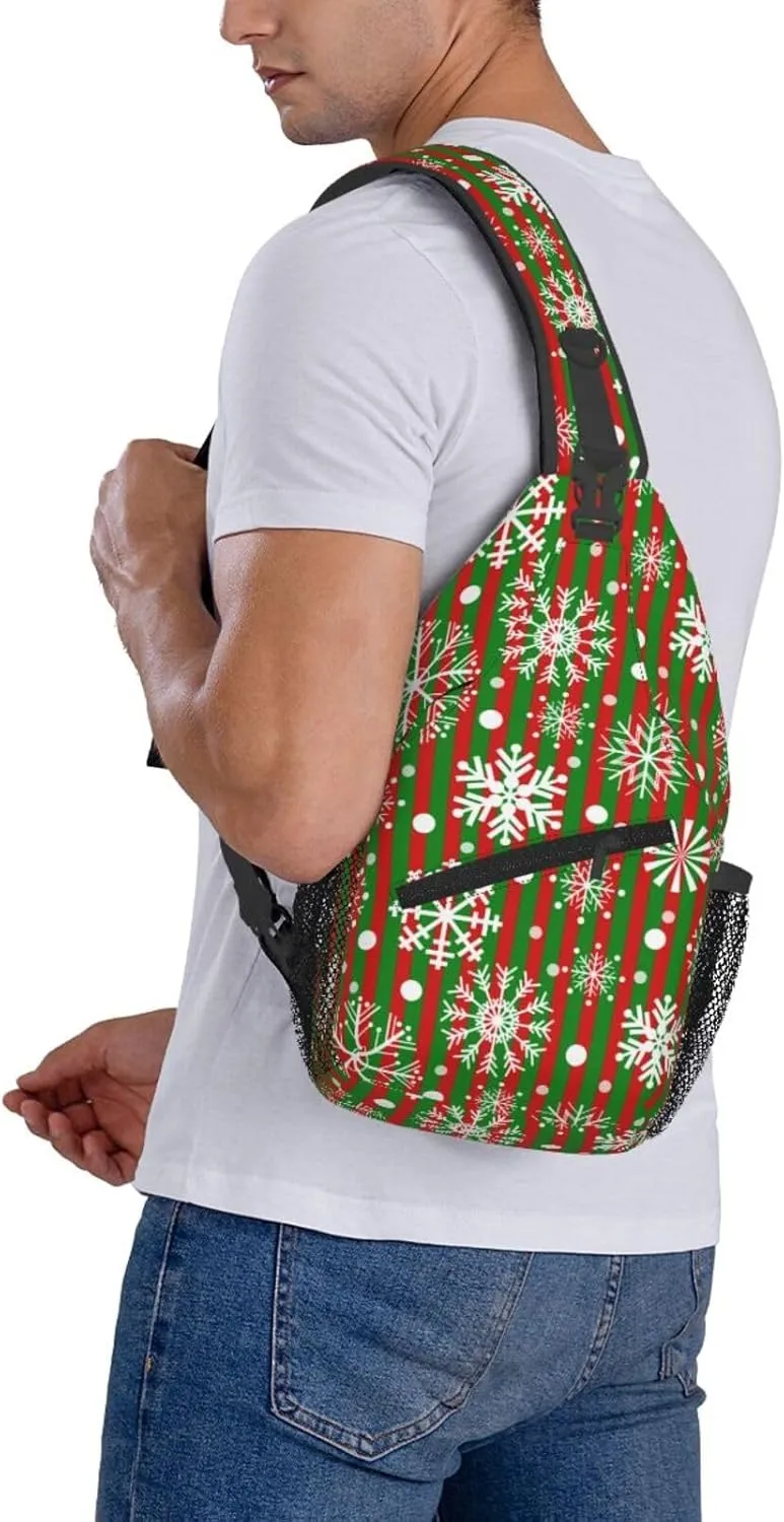 Snowflakes Red Green Stripes Christmas Cross Chest Bag Diagonally Hiking Crossbody Bag Travel Shoulder Daypack Lightweight Sling Backpack Cycling Daypacks Fitness Chest Backpacks