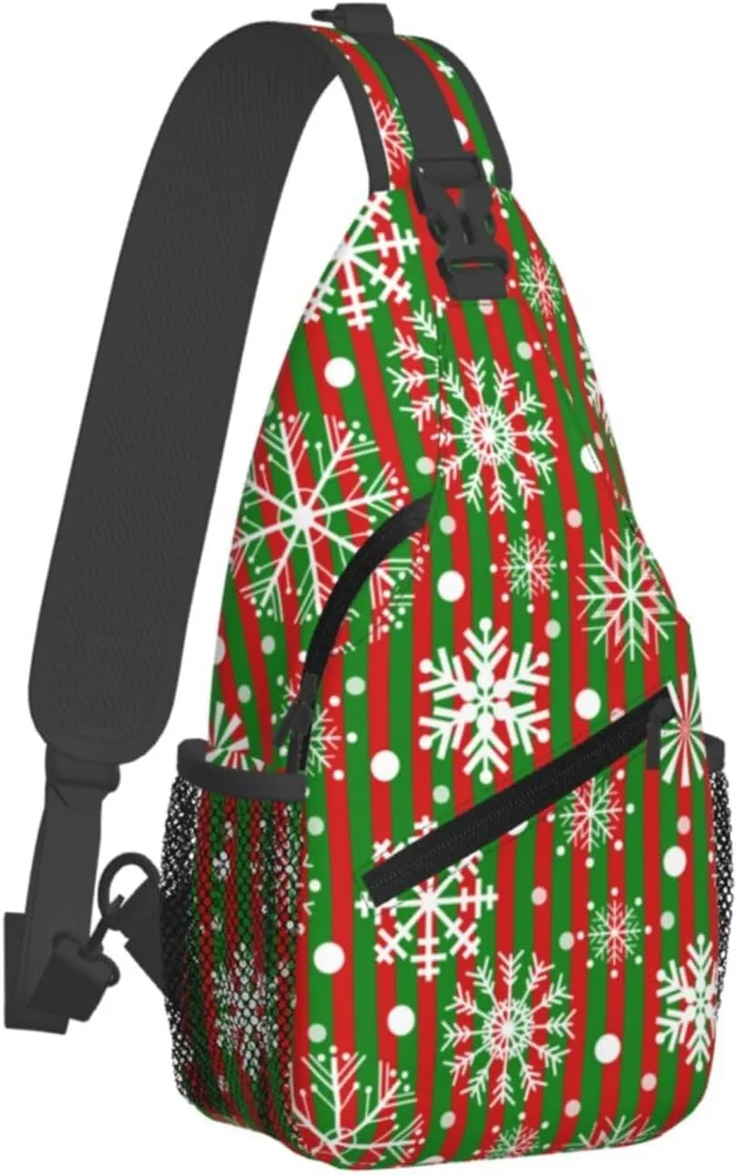 Snowflakes Red Green Stripes Christmas Cross Chest Bag Diagonally Hiking Crossbody Bag Travel Shoulder Daypack Lightweight Sling Backpack Cycling Daypacks Fitness Chest Backpacks