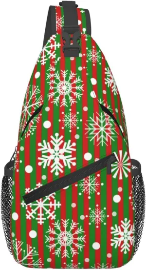 Snowflakes Red Green Stripes Christmas Cross Chest Bag Diagonally Hiking Crossbody Bag Travel Shoulder Daypack Lightweight Sling Backpack Cycling Daypacks Fitness Chest Backpacks
