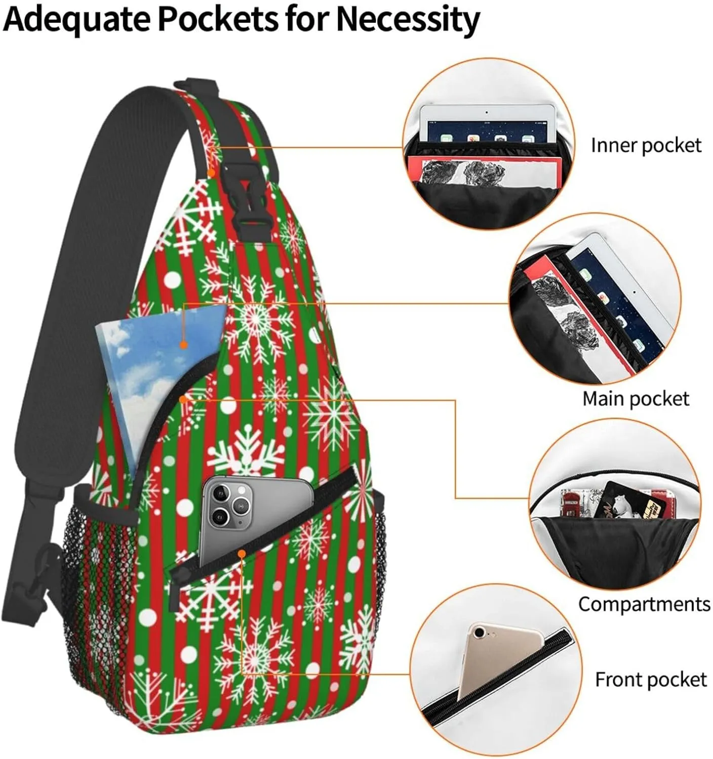 Snowflakes Red Green Stripes Christmas Cross Chest Bag Diagonally Hiking Crossbody Bag Travel Shoulder Daypack Lightweight Sling Backpack Cycling Daypacks Fitness Chest Backpacks