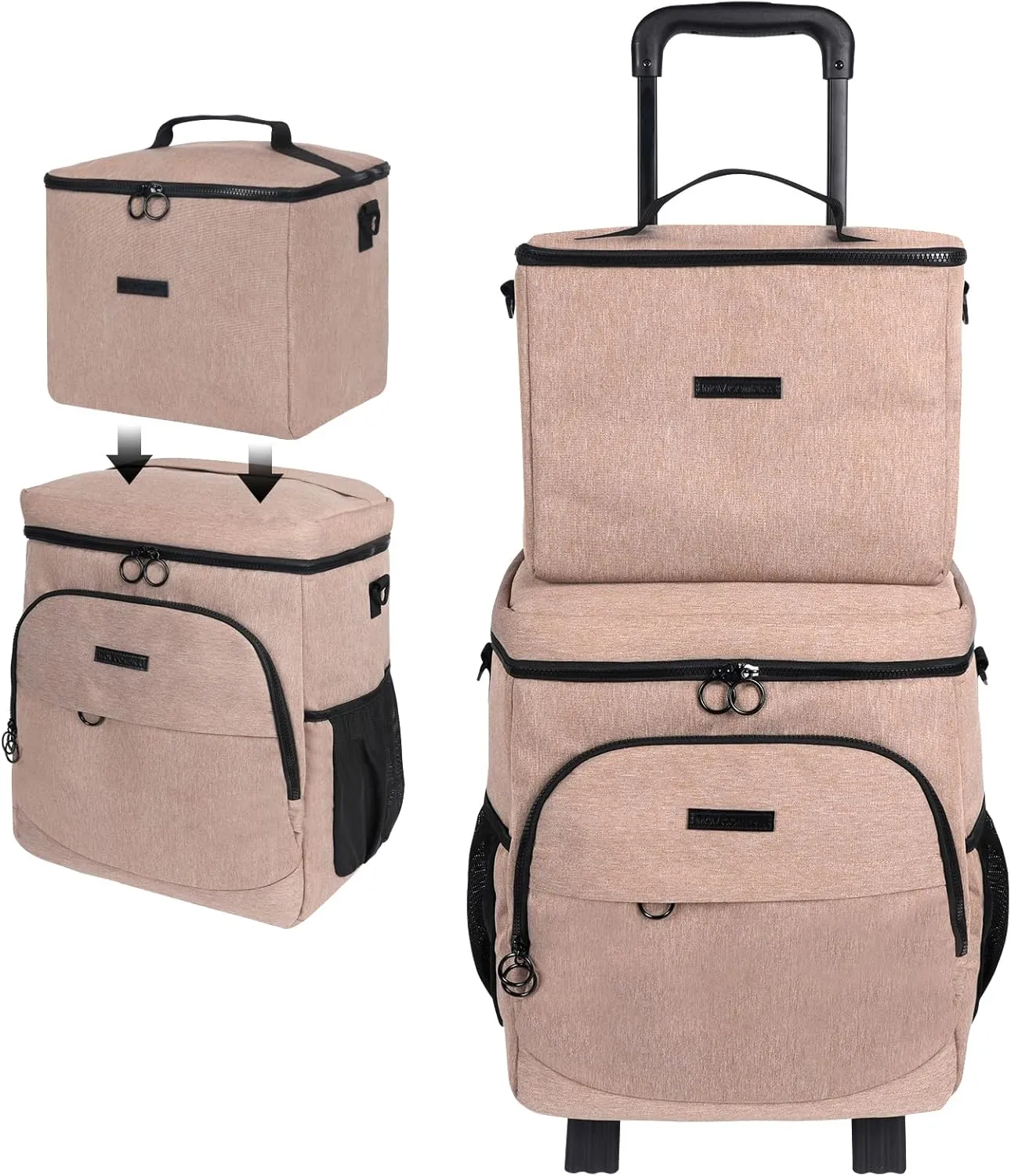 Soft Cooler with Wheels - Double Layer with Lunch Bag Collapsible Rolling Cooler, Large Removable Leakproof Portable Ice Packs for Camping Picnic Beach Travel