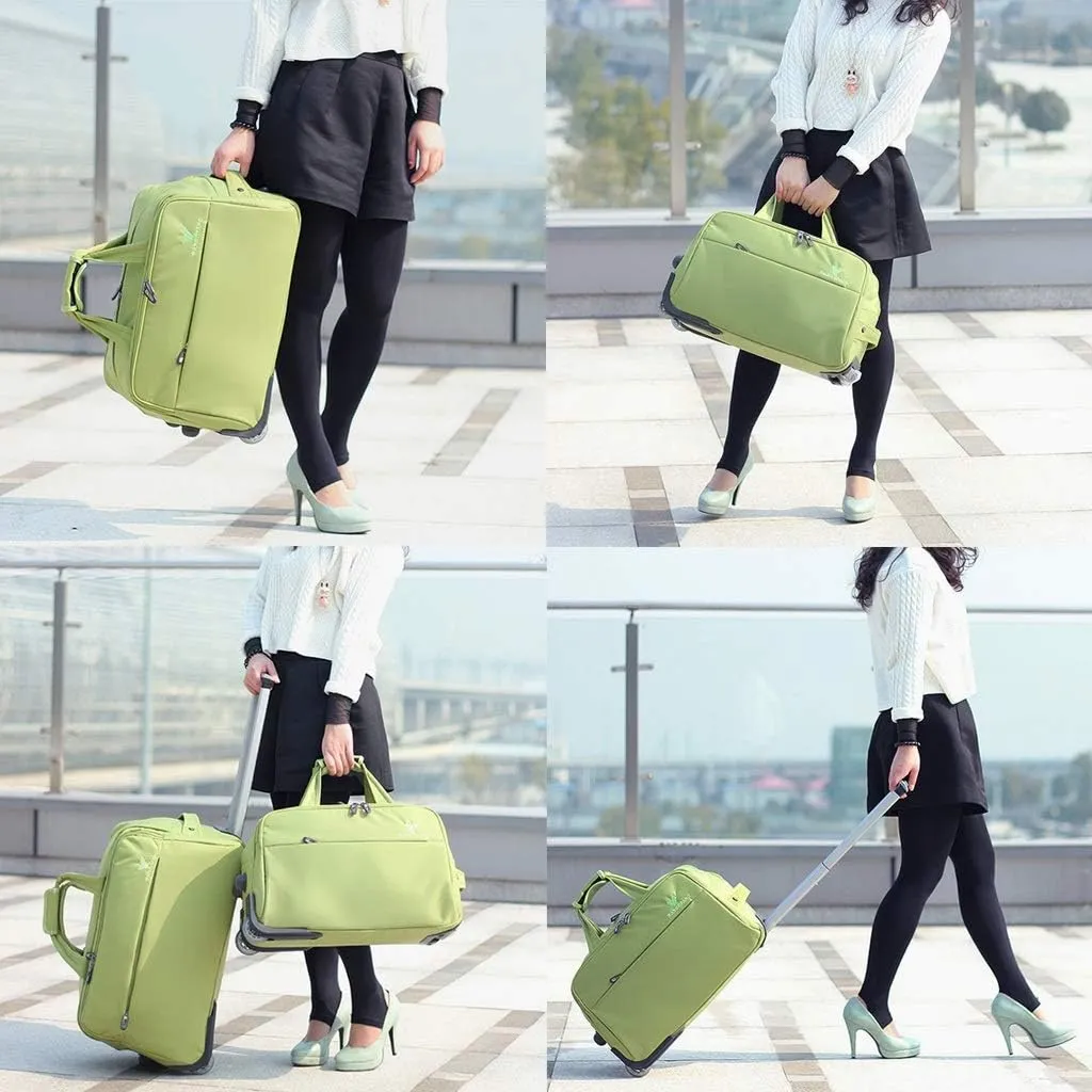 Soft Overnight Weekender Bags, Rolling Tote Travel Bag Suitcases with Wheels, Waterproof Rolling Duffel Bag Wheeled Business Carry on Luggage for Women (Color : Green, Size : 22inch)