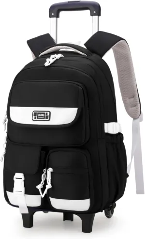Solid Color Rolling Backpack for Girls Boys Cute Elementary school bag with wheels,Black Trolley Bags for Travel