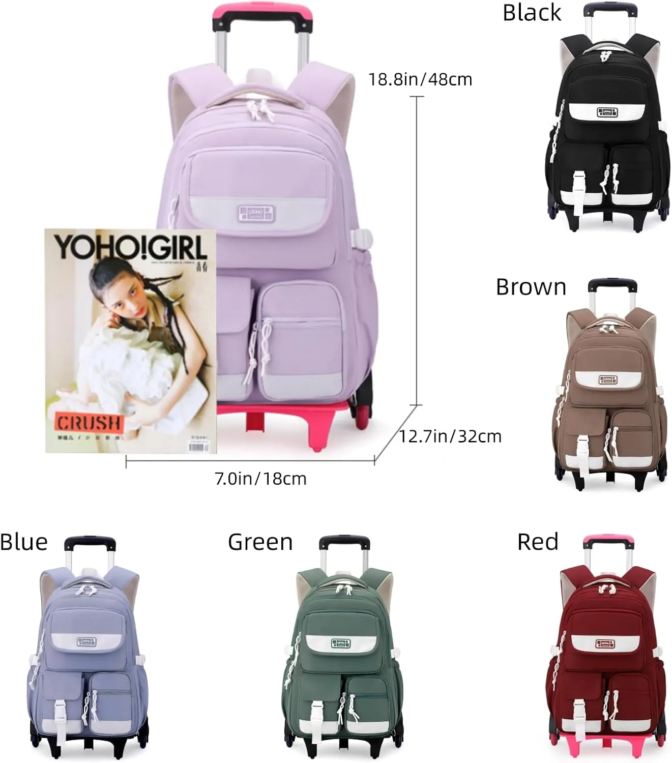 Solid Color Rolling Backpack for Girls Boys Cute Elementary school bag with wheels,Brown Trolley Bags for Travel
