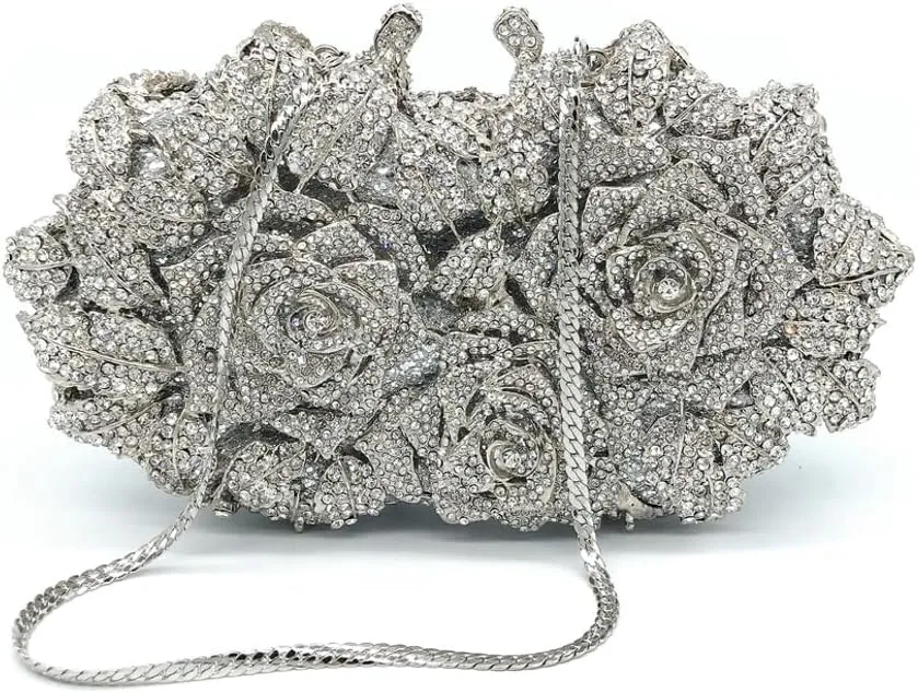 Solyinne Evening Bag for Woman Rose Flower Rhinestone Purse Party Wedding Cocktail Handbags Bling Purse