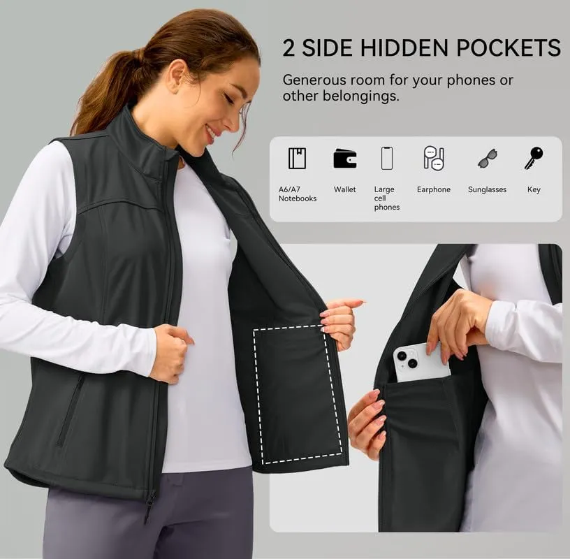 Soothfeel Women's Vest with Zipper Pocekts Lightweight Softshell Sleeveless Jacket Hiking Travel Golf Running Vest for Women