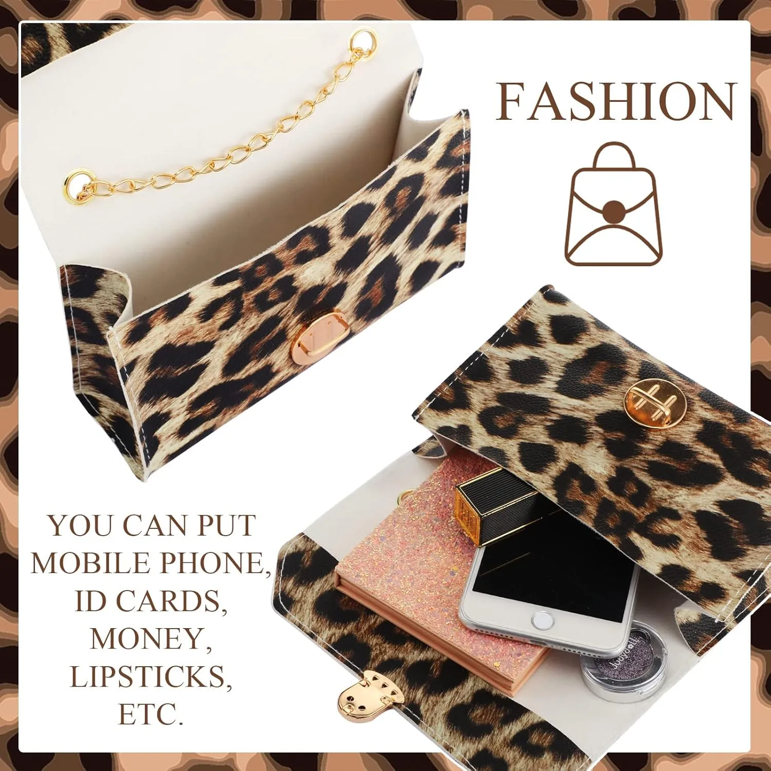 Sotiff 5 Pcs Women Leopard Purse Leopard Jewelry Set Necklaces Clutch Earring Leather Wrap Bracelets Long Tassel Pendant