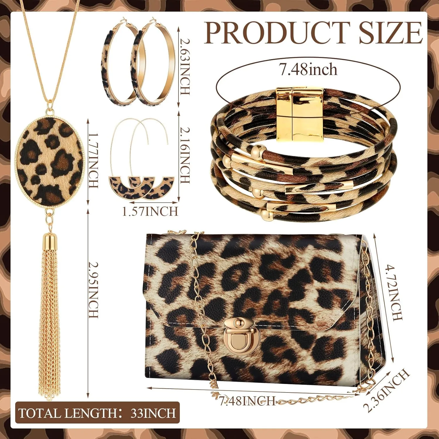 Sotiff 5 Pcs Women Leopard Purse Leopard Jewelry Set Necklaces Clutch Earring Leather Wrap Bracelets Long Tassel Pendant