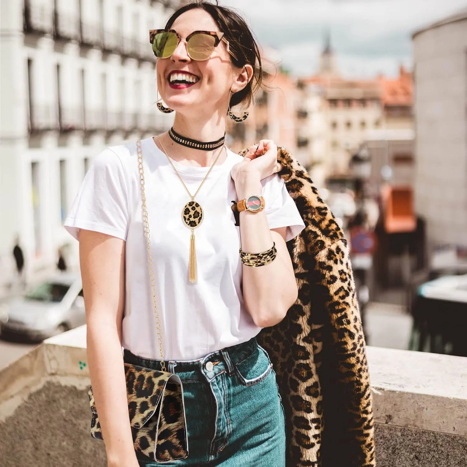 Sotiff 5 Pcs Women Leopard Purse Leopard Jewelry Set Necklaces Clutch Earring Leather Wrap Bracelets Long Tassel Pendant