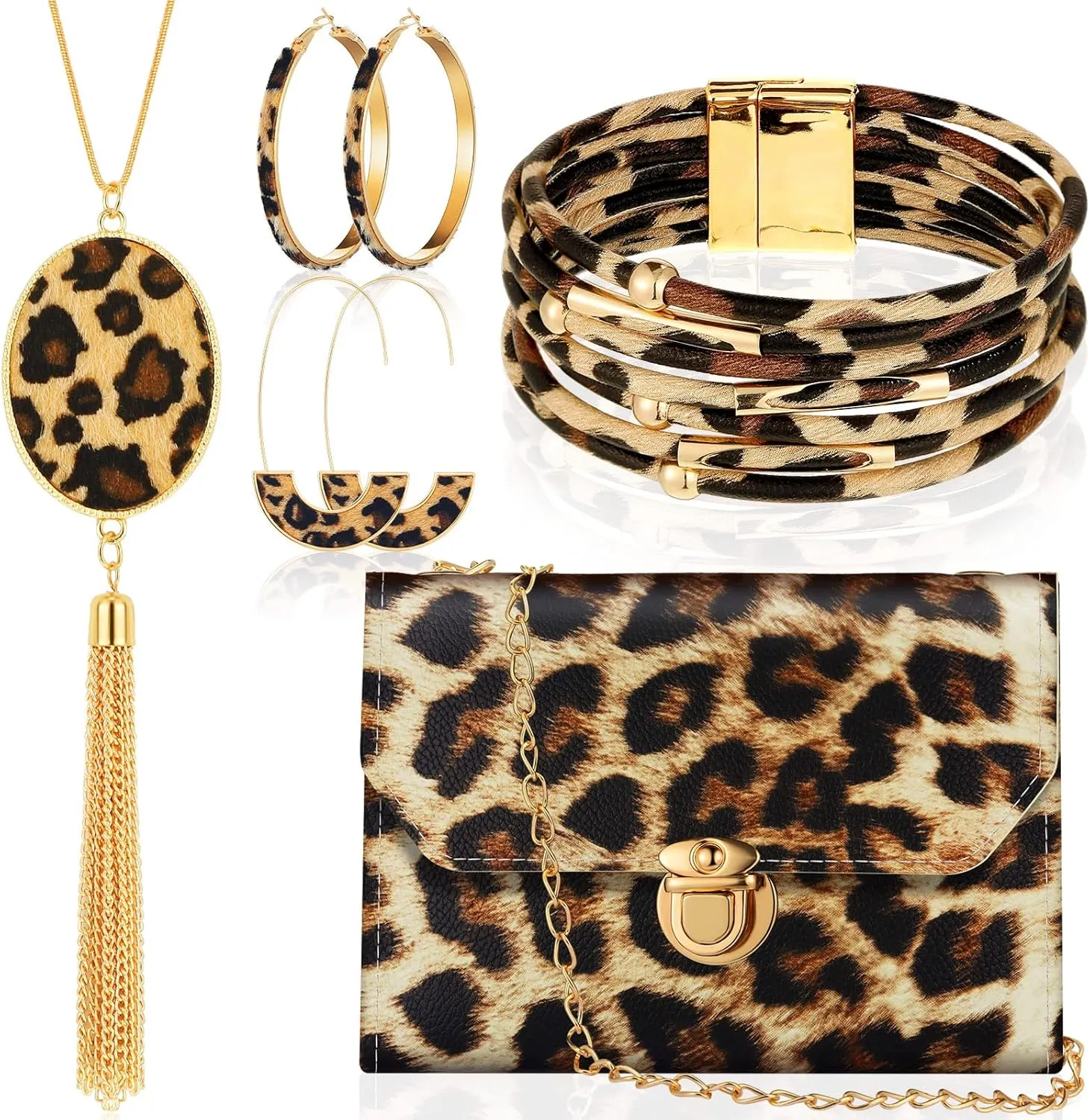 Sotiff 5 Pcs Women Leopard Purse Leopard Jewelry Set Necklaces Clutch Earring Leather Wrap Bracelets Long Tassel Pendant