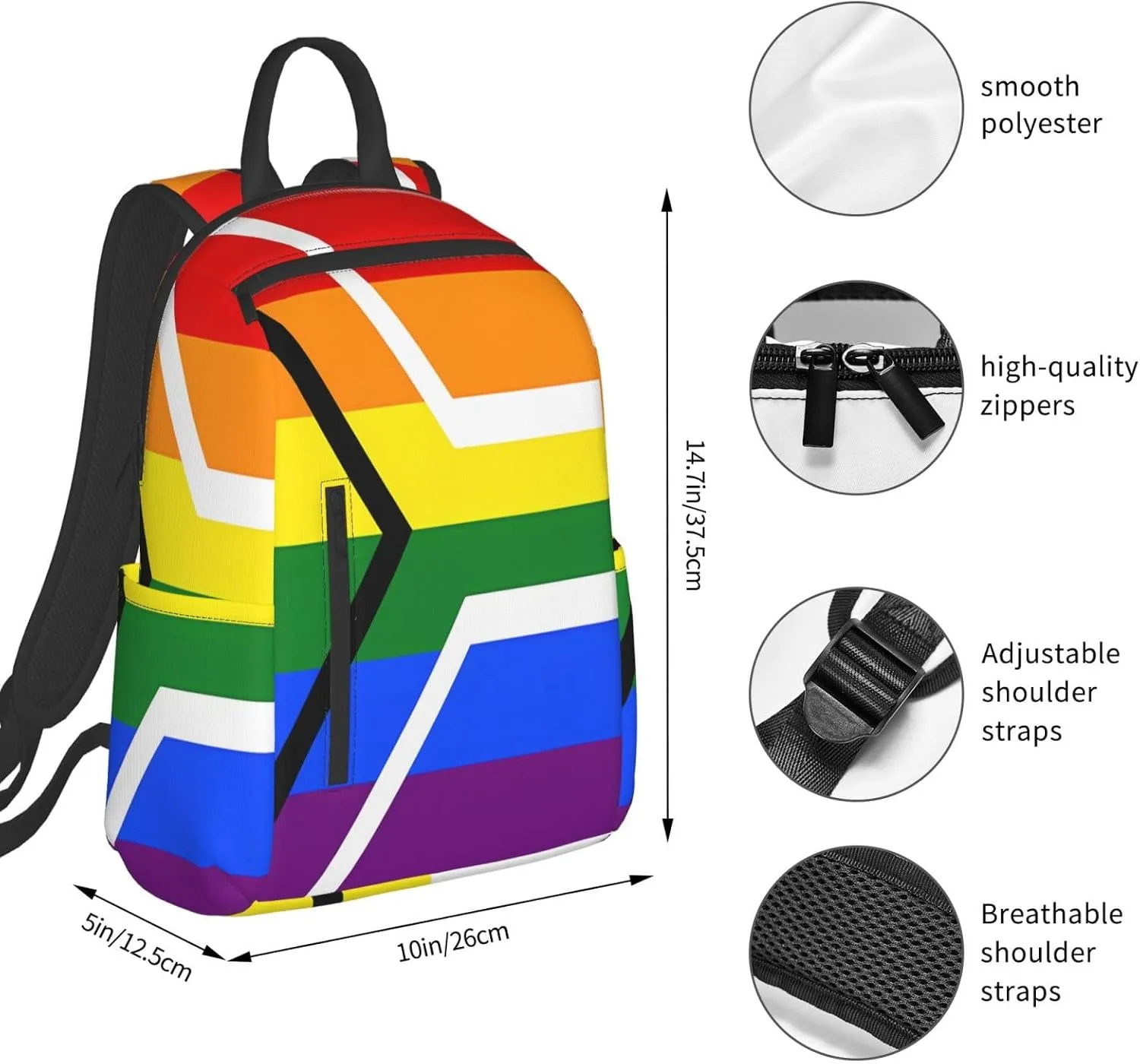 South Africa LGBT Rainbow Gay Pride Flag Casual Laptop Backpack Travel Rucksack Sports Daypack Adjustable Strap Bags with Multi-Pockets for Working Running Camping