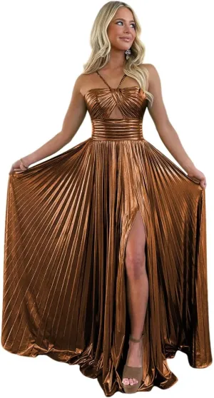 Sparkly Metallic Prom Dresses with Slit A Line Keyhole Satin Long Formal Party Dress for Women RO123