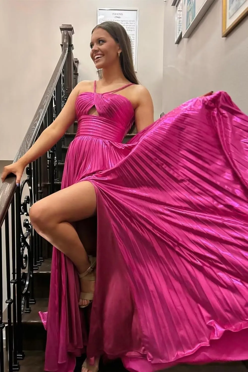 Sparkly Metallic Prom Dresses with Slit A Line Keyhole Satin Long Formal Party Dress for Women RO123