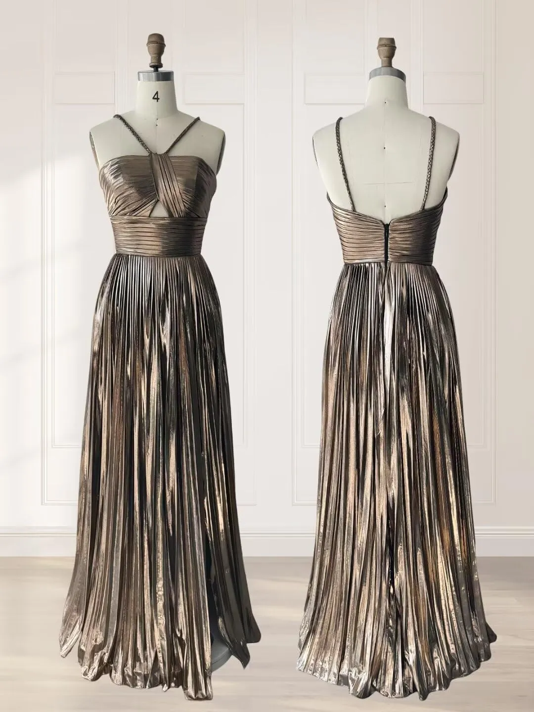 Sparkly Metallic Prom Dresses with Slit A Line Keyhole Satin Long Formal Party Dress for Women RO123