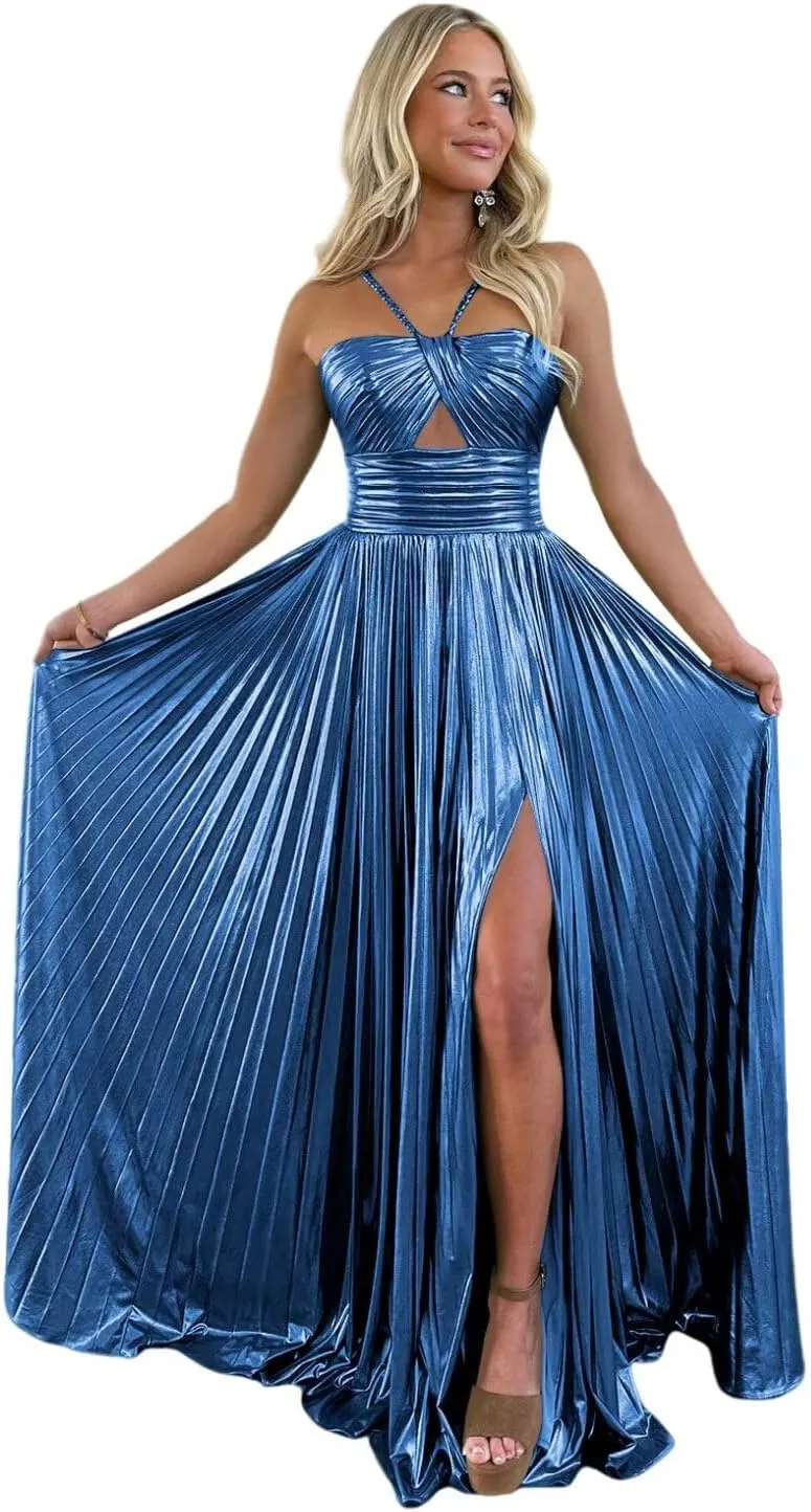 Sparkly Metallic Prom Dresses with Slit A Line Keyhole Satin Long Formal Party Dress for Women RO123