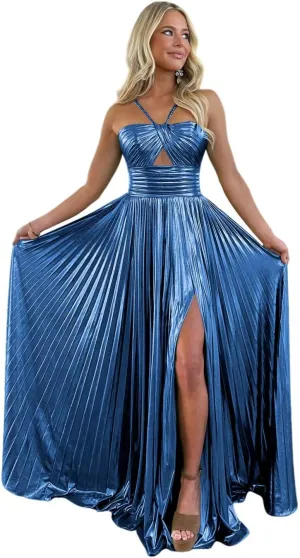 Sparkly Metallic Prom Dresses with Slit A Line Keyhole Satin Long Formal Party Dress for Women RO123