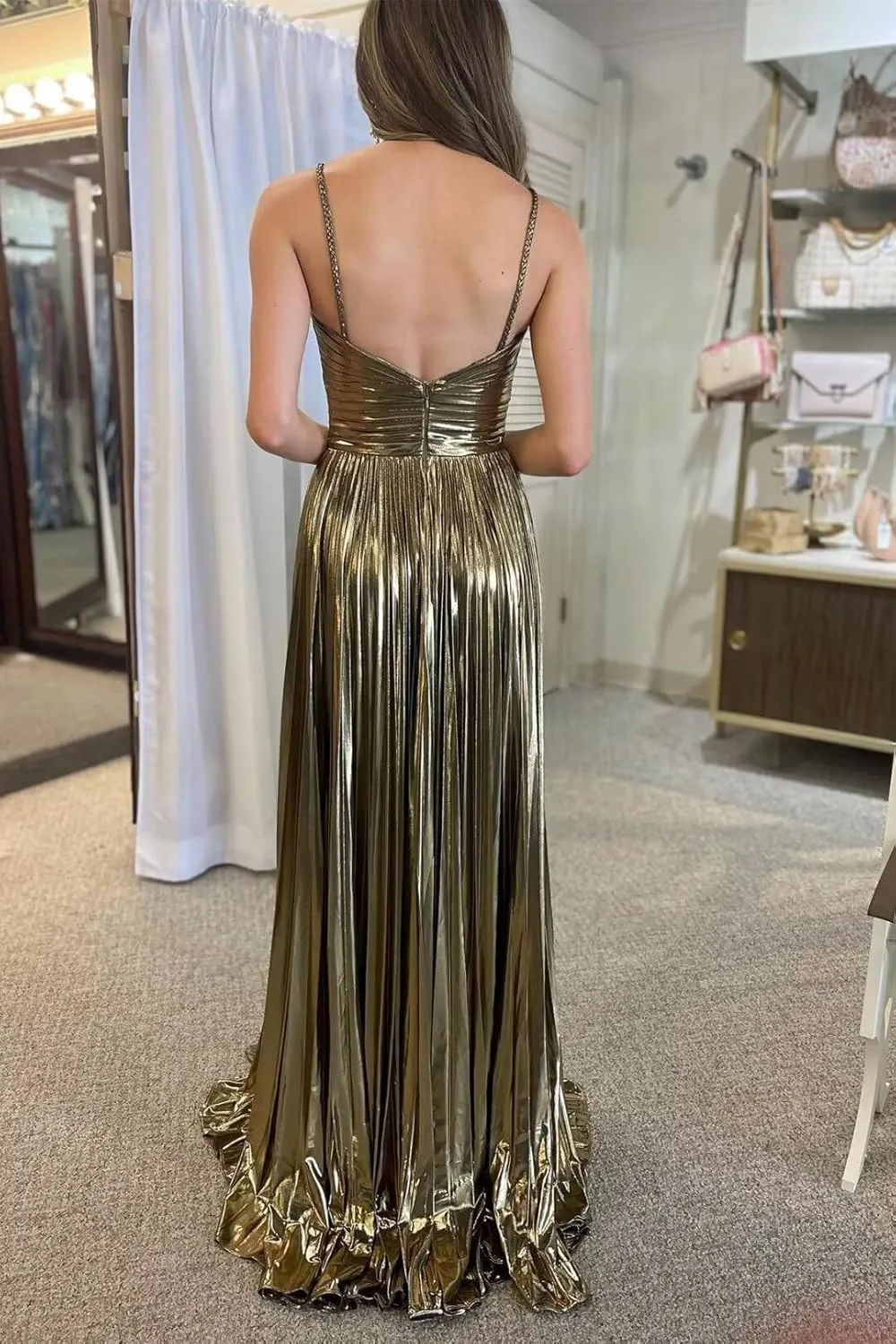 Sparkly Metallic Prom Dresses with Slit A Line Keyhole Satin Long Formal Party Dress for Women RO123