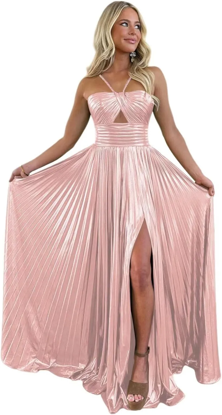 Sparkly Metallic Prom Dresses with Slit A Line Keyhole Satin Long Formal Party Dress for Women RO123