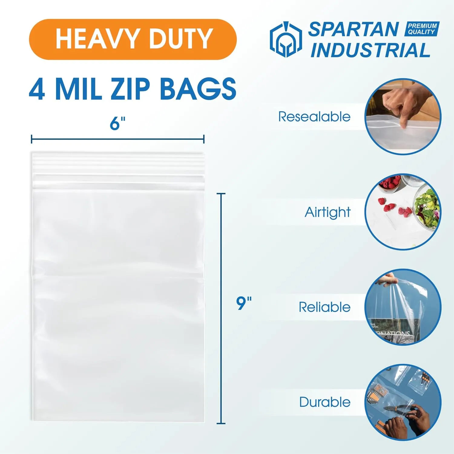 Spartan Industrial - 200 Count - 6” X 9” (4 Mil Heavy Duty) Thick Durable Clear Plastic Reclosable Zip Poly Bags with Resealable Lock Seal Zipper