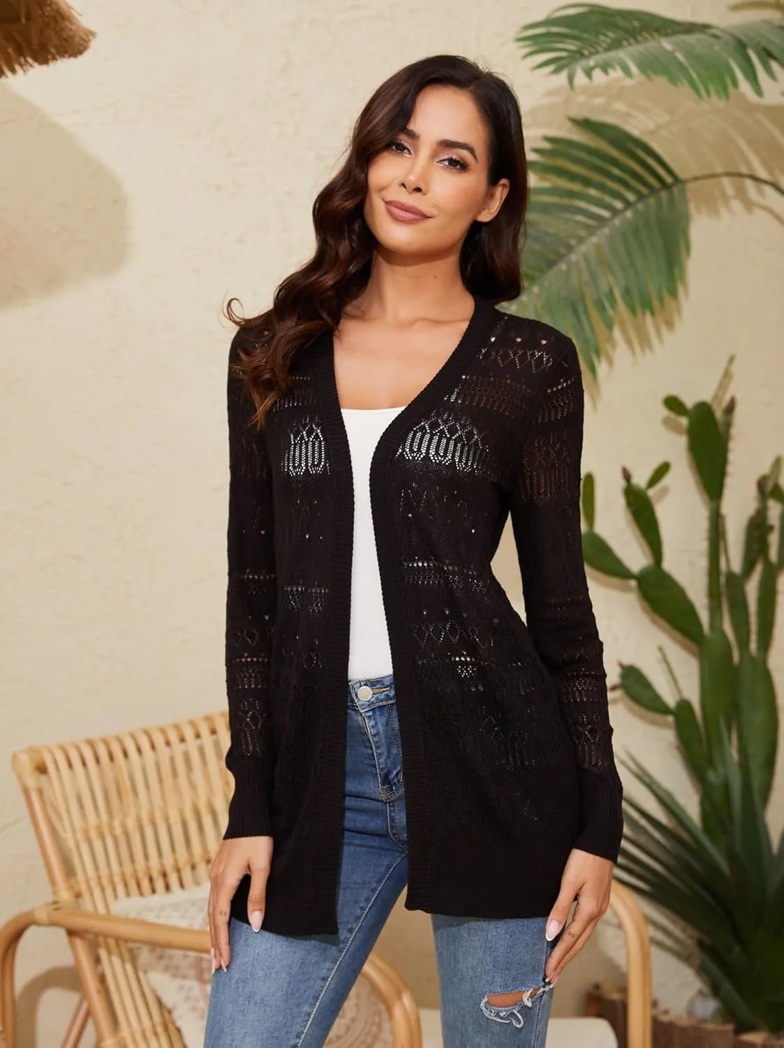 Spicy Sandia Womens Lightweight Crochet Cardigan Long Sleeve Boho Summer Sweater Beach Vacation Trendy Outfit