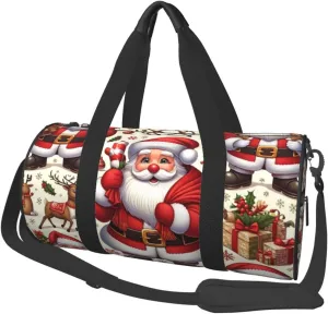 Sports Duffel Bag Christmas-Santa-Claus-Elk Foldable Travel Tote Bag Weekender Sleepover Carry On Bag