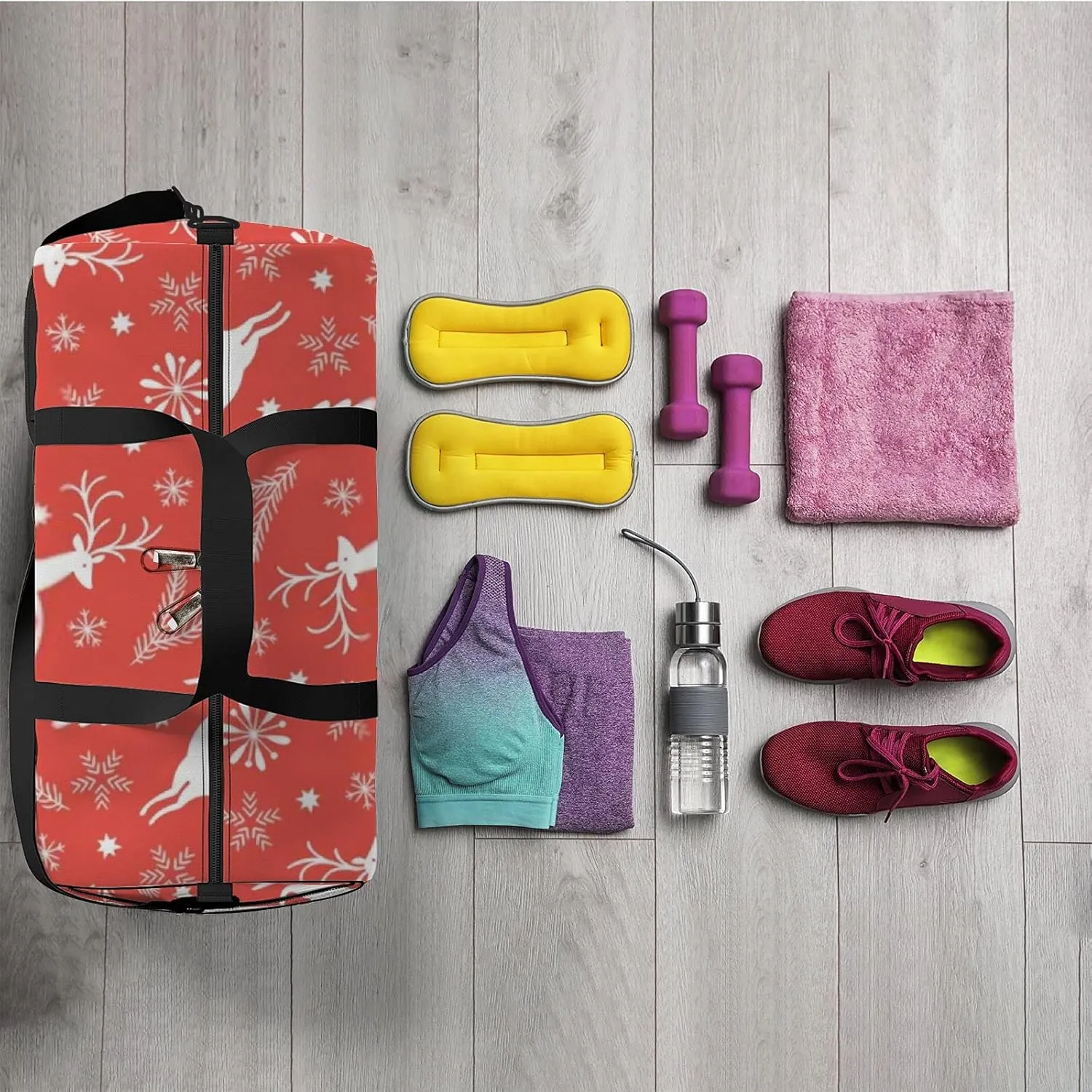 Sports Gym Bag for Women and Men Waterproof Christmas Pattern Red Duffel Bag Lightweight Carryon Traveling Boarding Gripsack